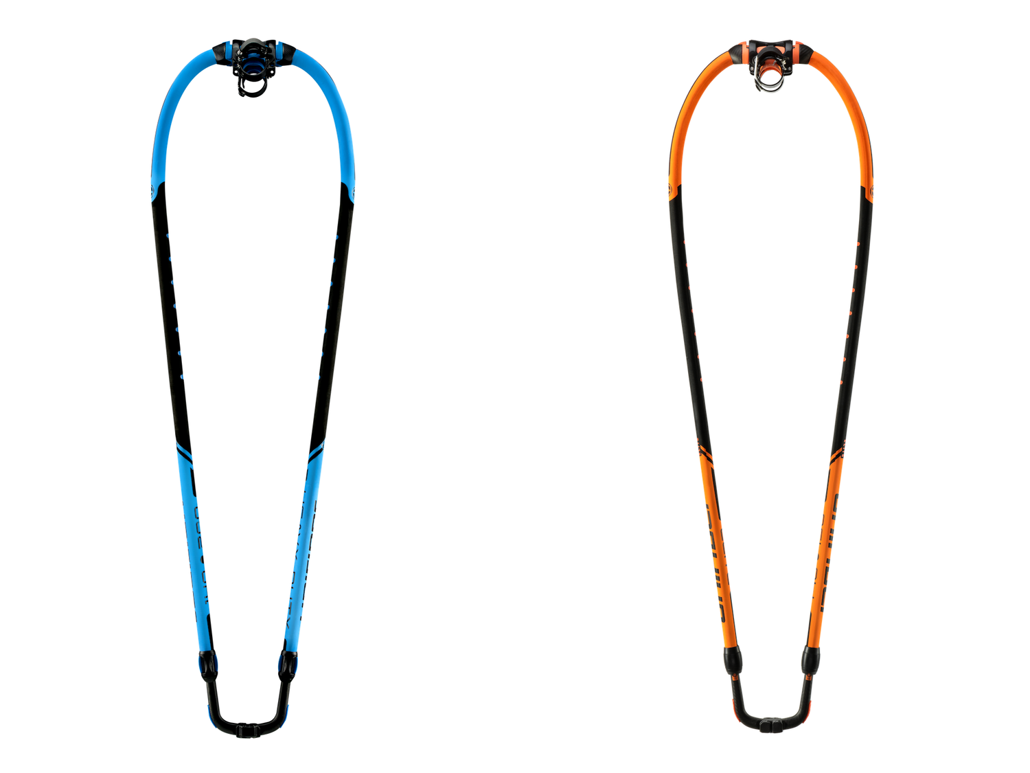 Unifiber Booms comparison : Side by side product shot of blue (HD Carbon) and orange (Elite Carbon) Unifiber Booms on white background.