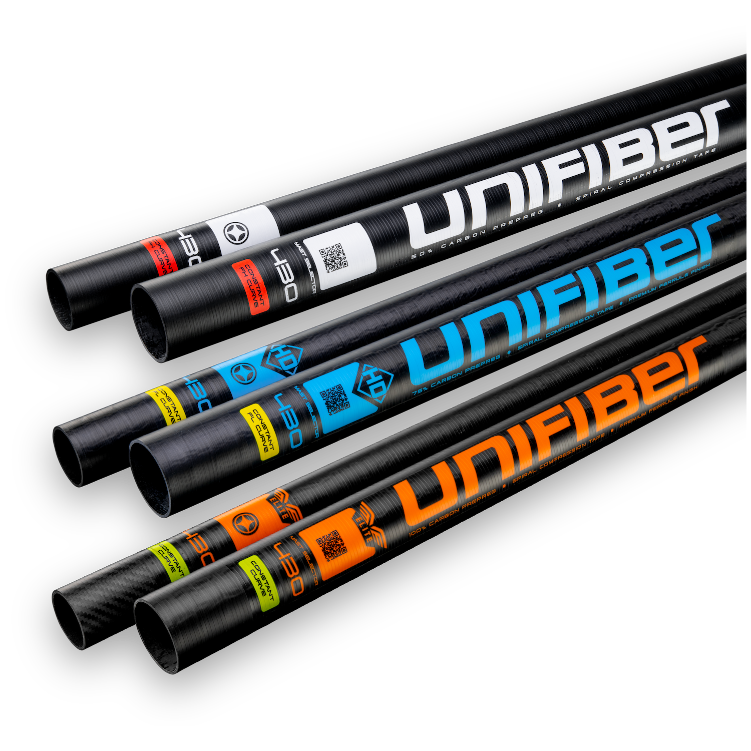 A range of unifiber windsurfing mast with curves and diameters