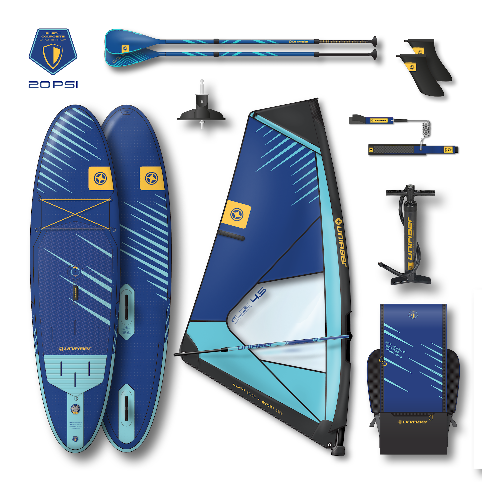 Oxygen iWindSup FCD 10'7" & Glide 5.5 Rig + Paddle + Leash Windsup Pack Unifiber