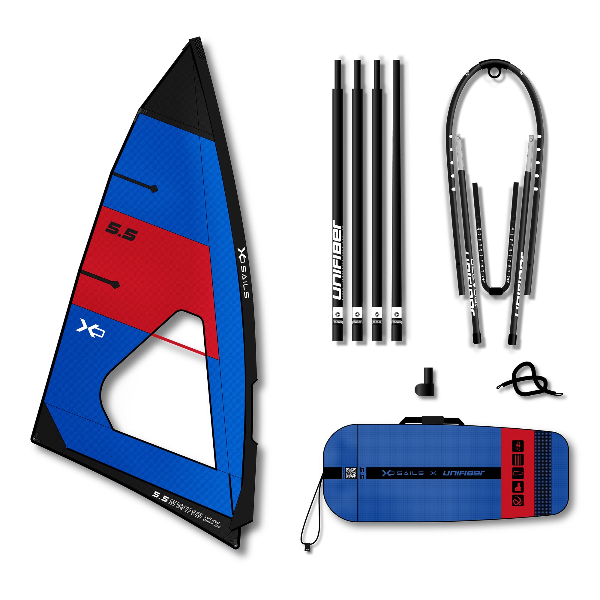 Windsurfing sail, boom, and bag on a white background