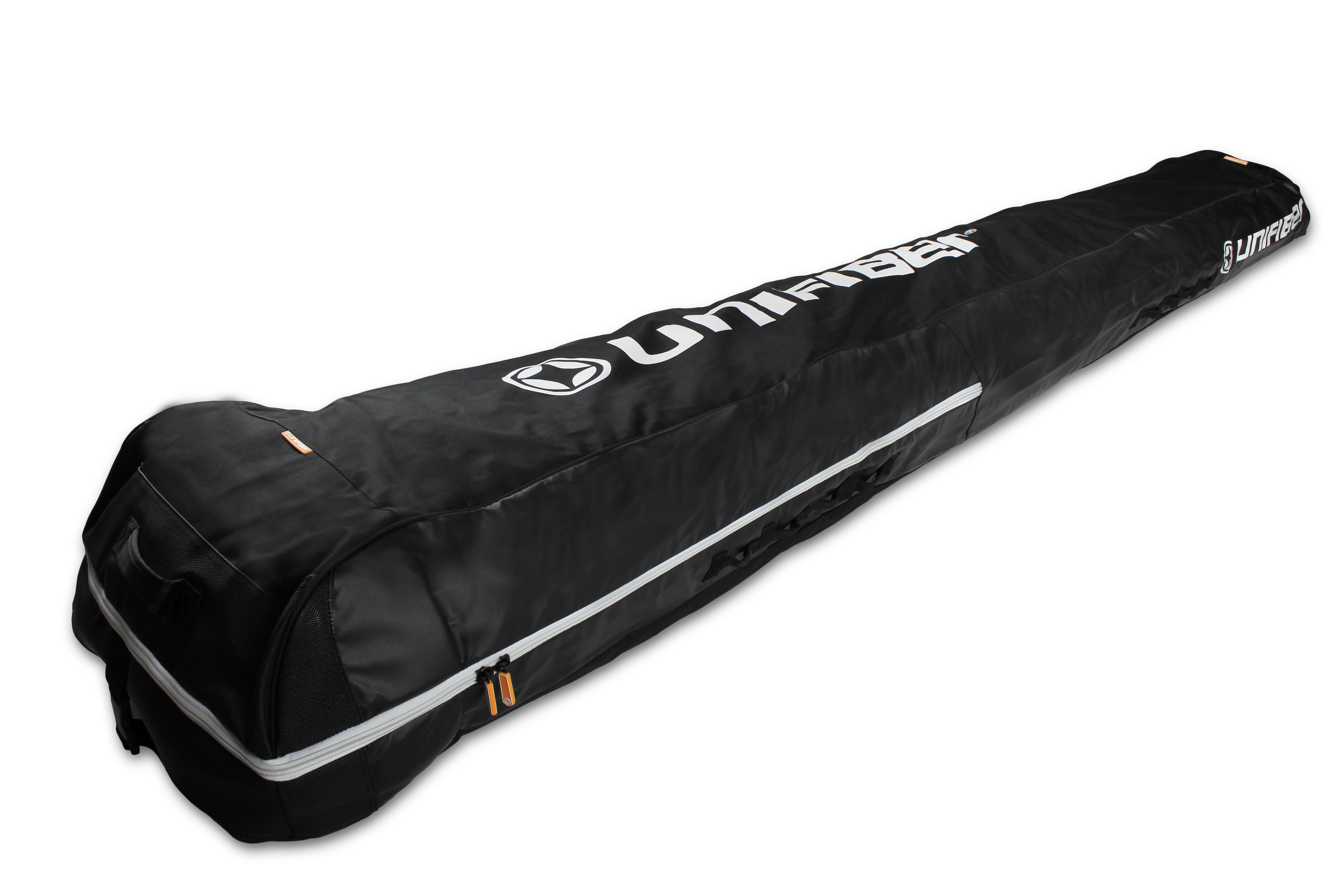a complete image of windsurf quiver bag that fit on the roof on the car. The back is black with clear Unifiber logo in white on the top. the zippers are white 