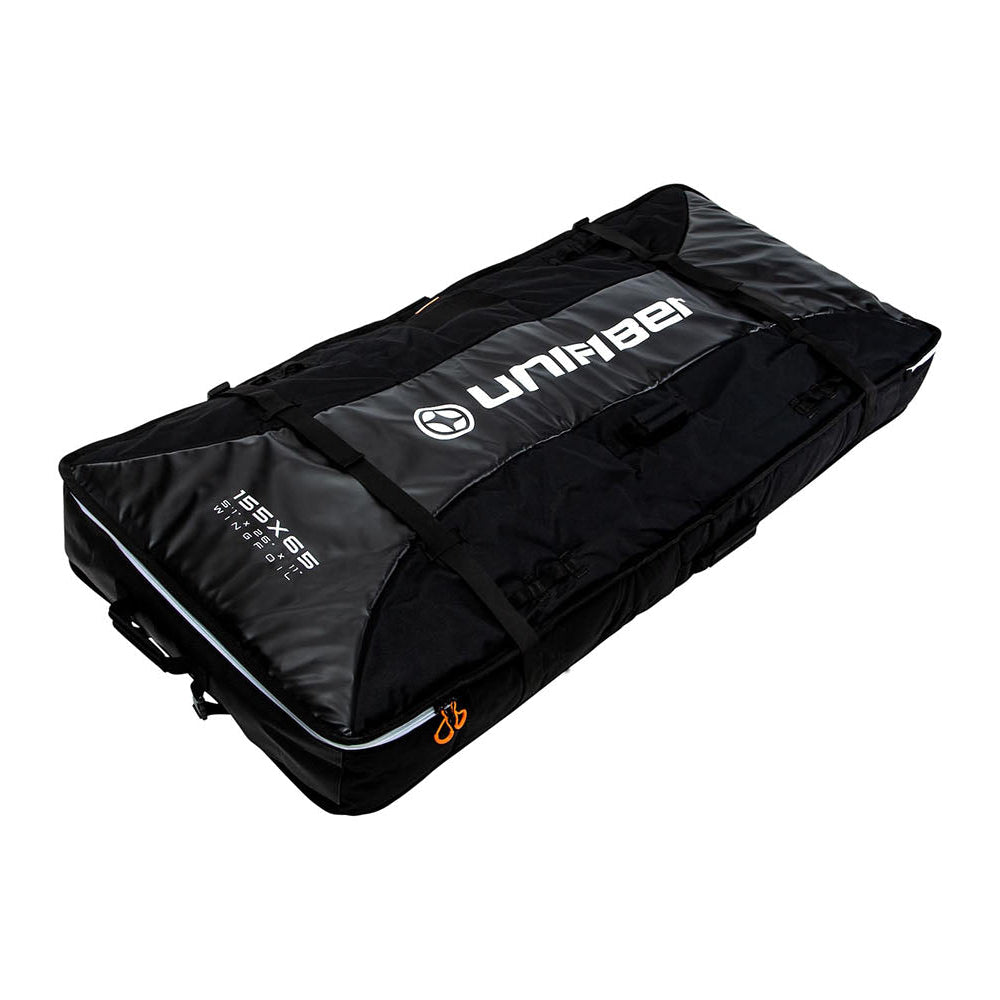 a heavy duty black bag with a white unifber logo and white zipper with a clear dimension and mention to wingfoil. The bag have a square shape to fit short board shuch as surboard or wingfoil