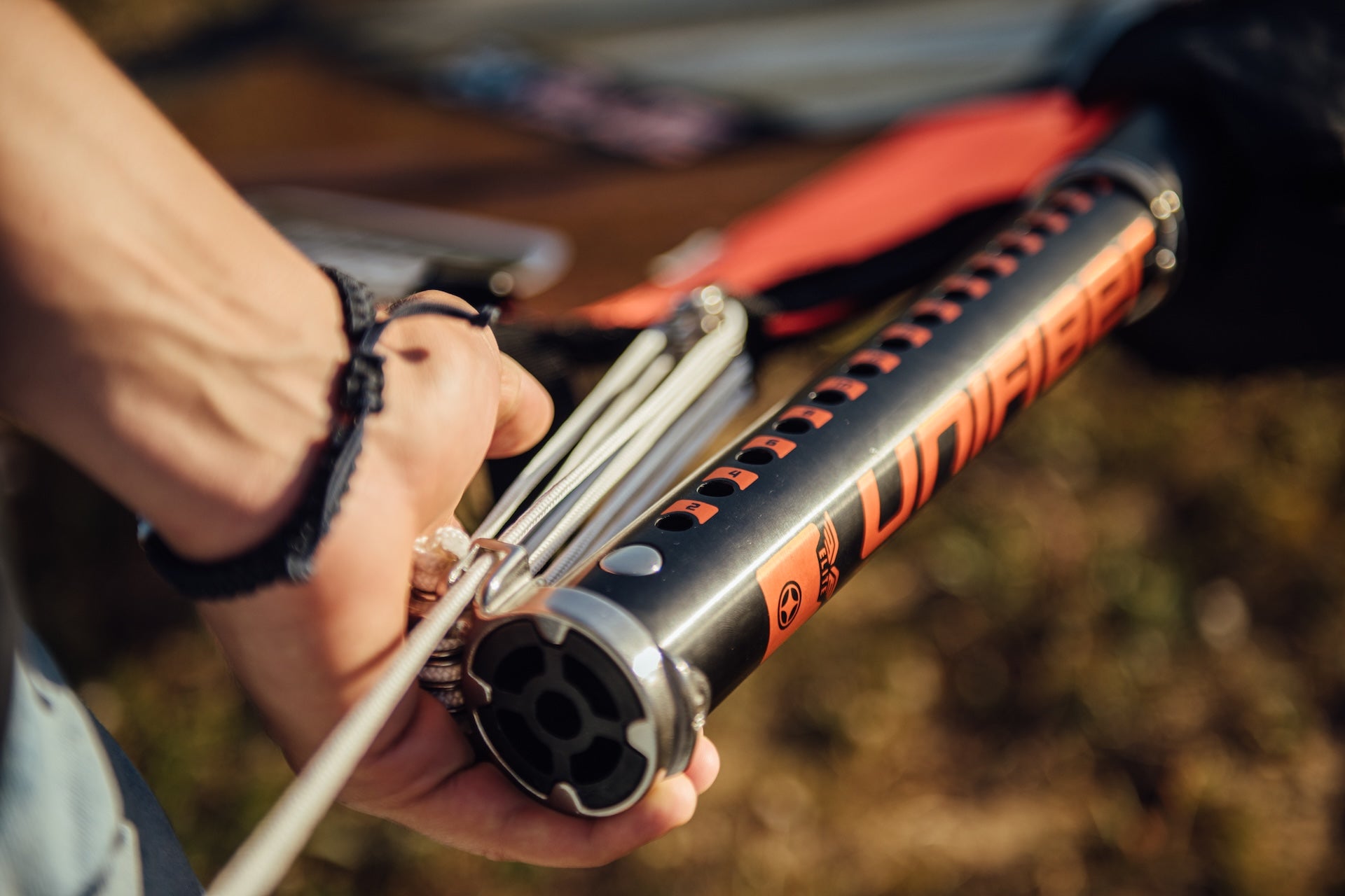 a close up of a windsurf SDM extension with pulley and rope 